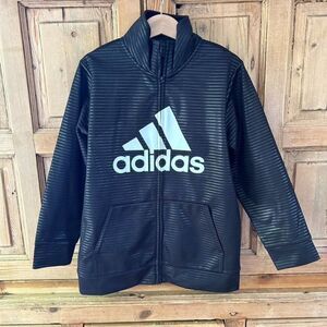 Adidas Boy's Size 7 Black White Full Zip Track Jacket Athletic Casual Large Logo